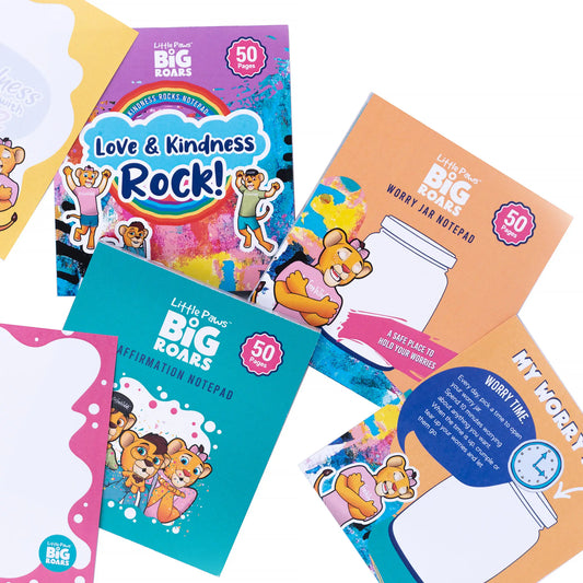 Ignite kindness, positivity, and resilience with the 'Little Paws, Big Roars Notepad Bundle.' These vibrant notepads empower young minds and spread positivity. Perfect for parents, carers, teachers, and children.